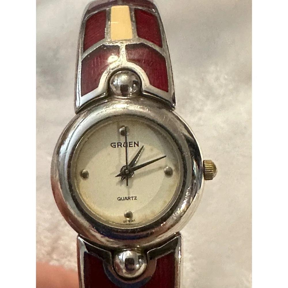 Gruen Quartz Bangle Watch Red and‎ Silver Tone Stylish Womens Jewelry